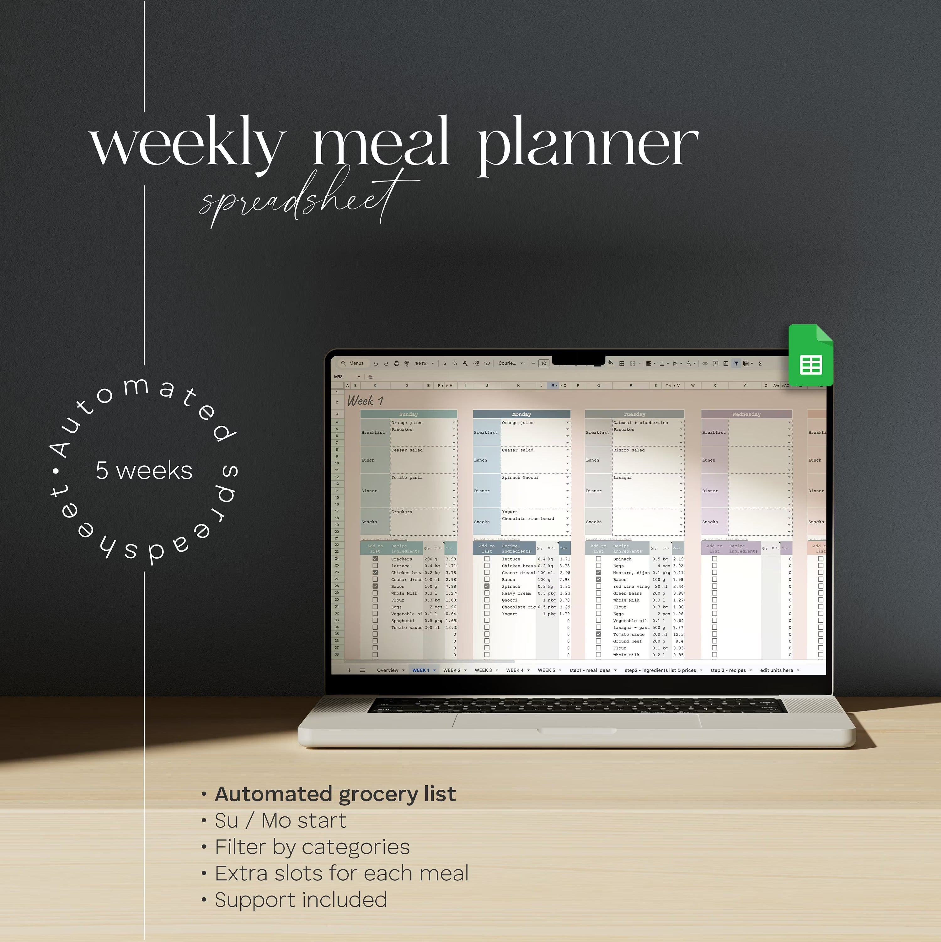 Google Sheets Meal Planner Meal Planner Spreadsheet Weekly Meal Plan Template Digital Meal Planner with Grocery List