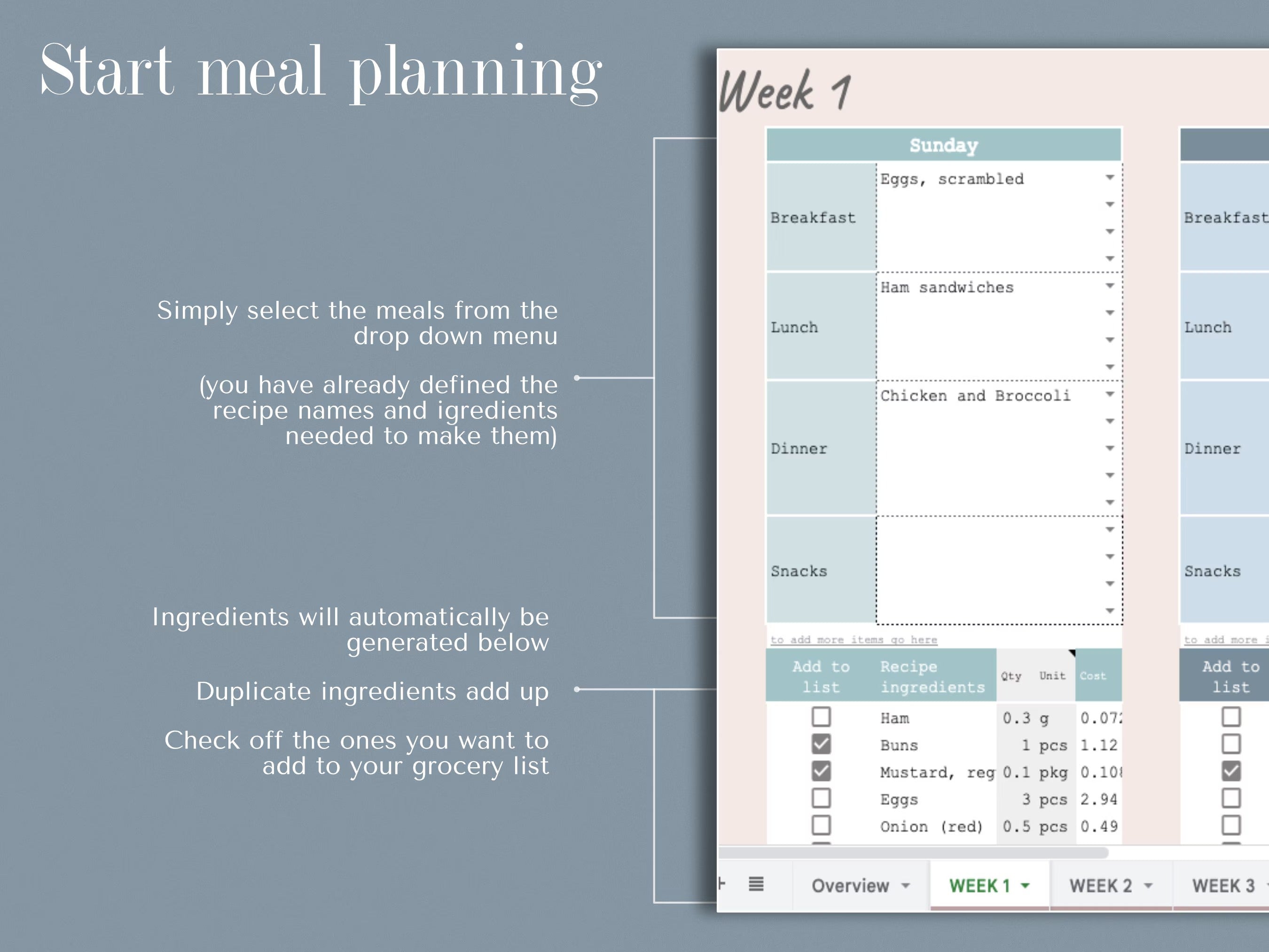 Google Sheets Meal Planner Meal Planner Spreadsheet Weekly Meal Plan Template Digital Meal Planner with Grocery List