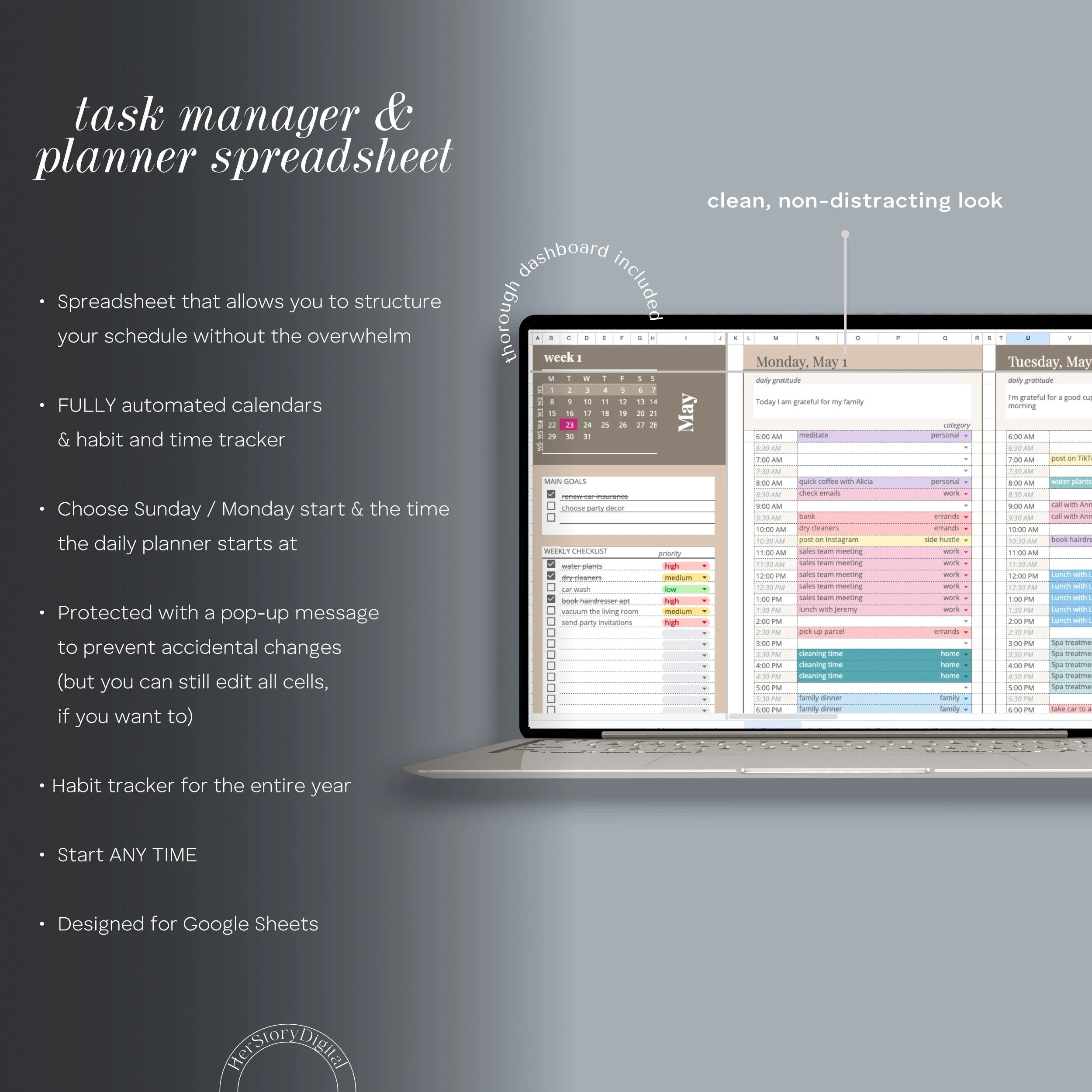 Digital Annual Spreadsheet Planner, Daily To Do List Google Sheets, Monthly Calendar, Daily Schedule, Productivity, Goal & Task Tracker