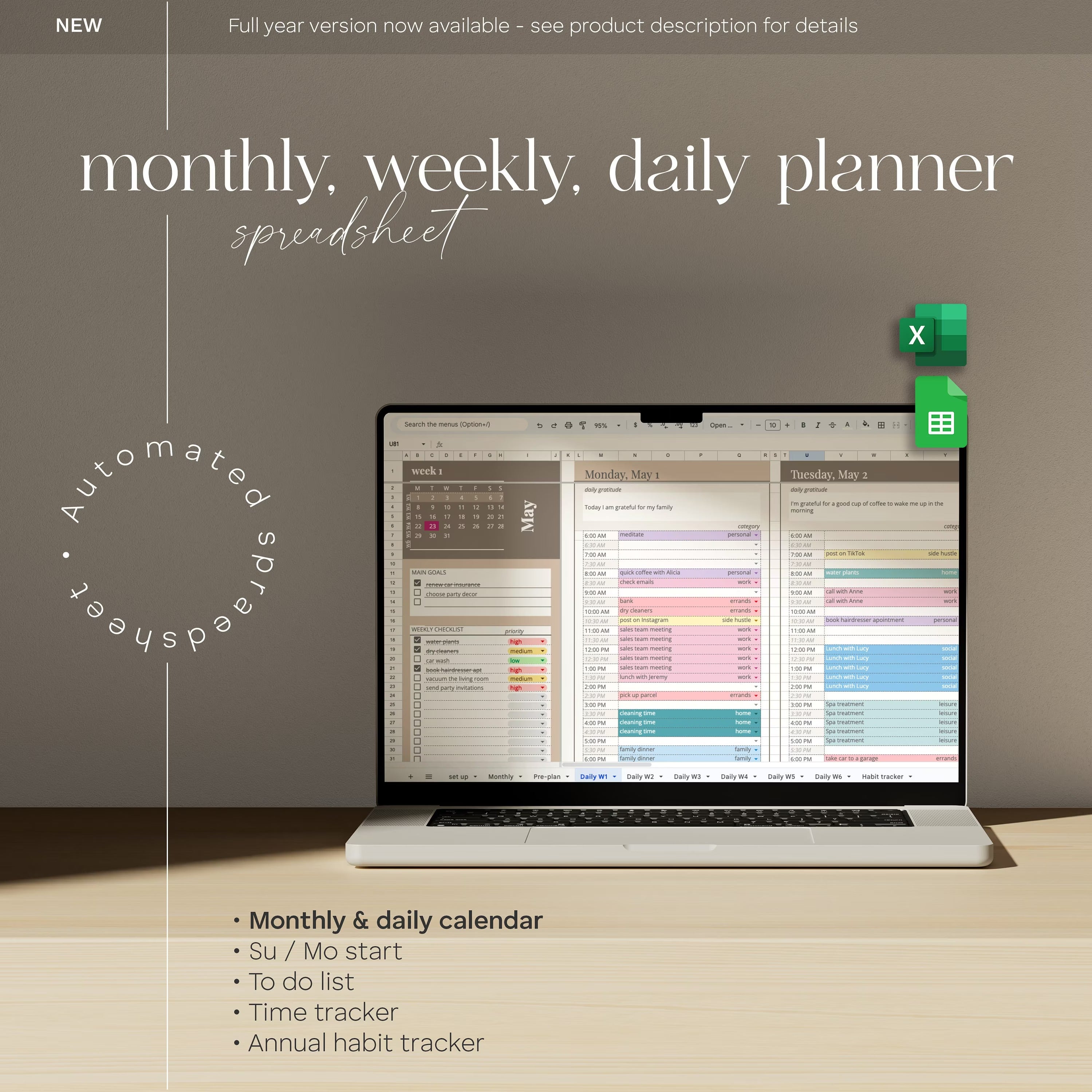 Digital Planner Spreadsheet for Google Sheets, To Do List, Monthly Calendar, Daily Schedule, Daily Routine Task Tracker