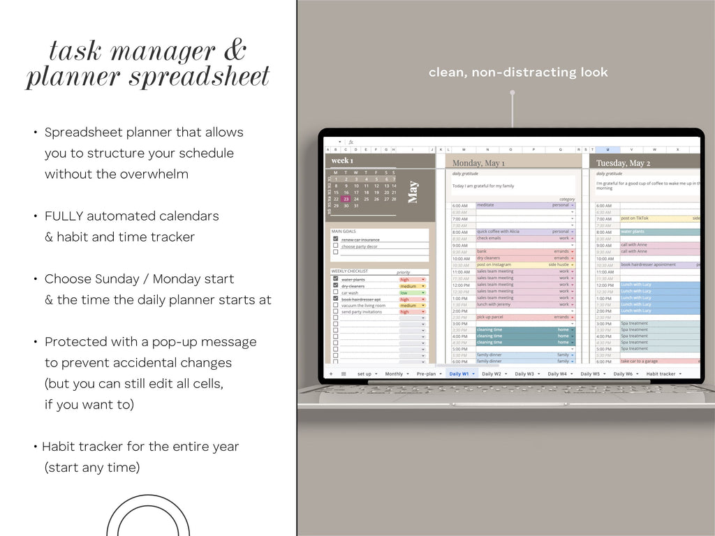 Digital Planner Spreadsheet for Google Sheets, To Do List, Monthly Calendar, Daily Schedule, Daily Routine Task Tracker