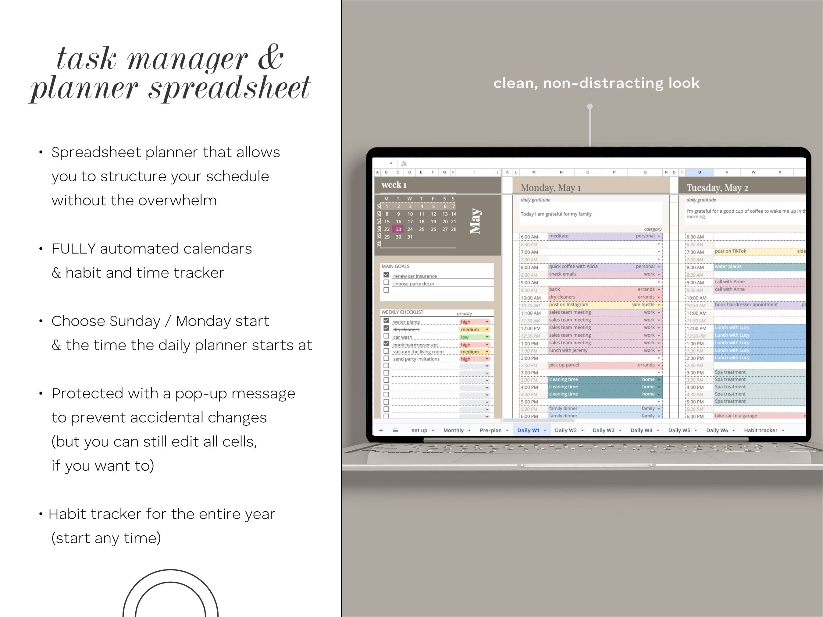 Digital Planner Spreadsheet for Google Sheets, To Do List, Monthly Calendar, Daily Schedule, Daily Routine Task Tracker