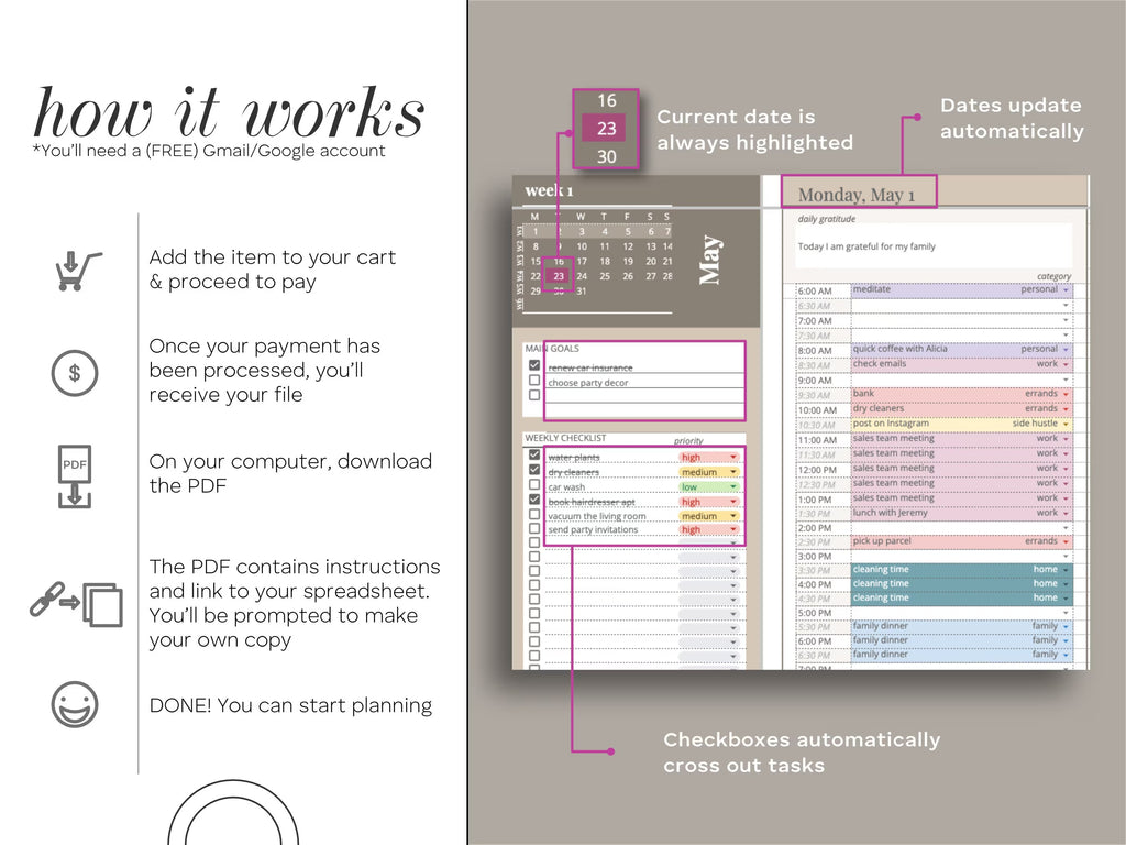 Digital Planner Spreadsheet for Google Sheets, To Do List, Monthly Calendar, Daily Schedule, Daily Routine Task Tracker