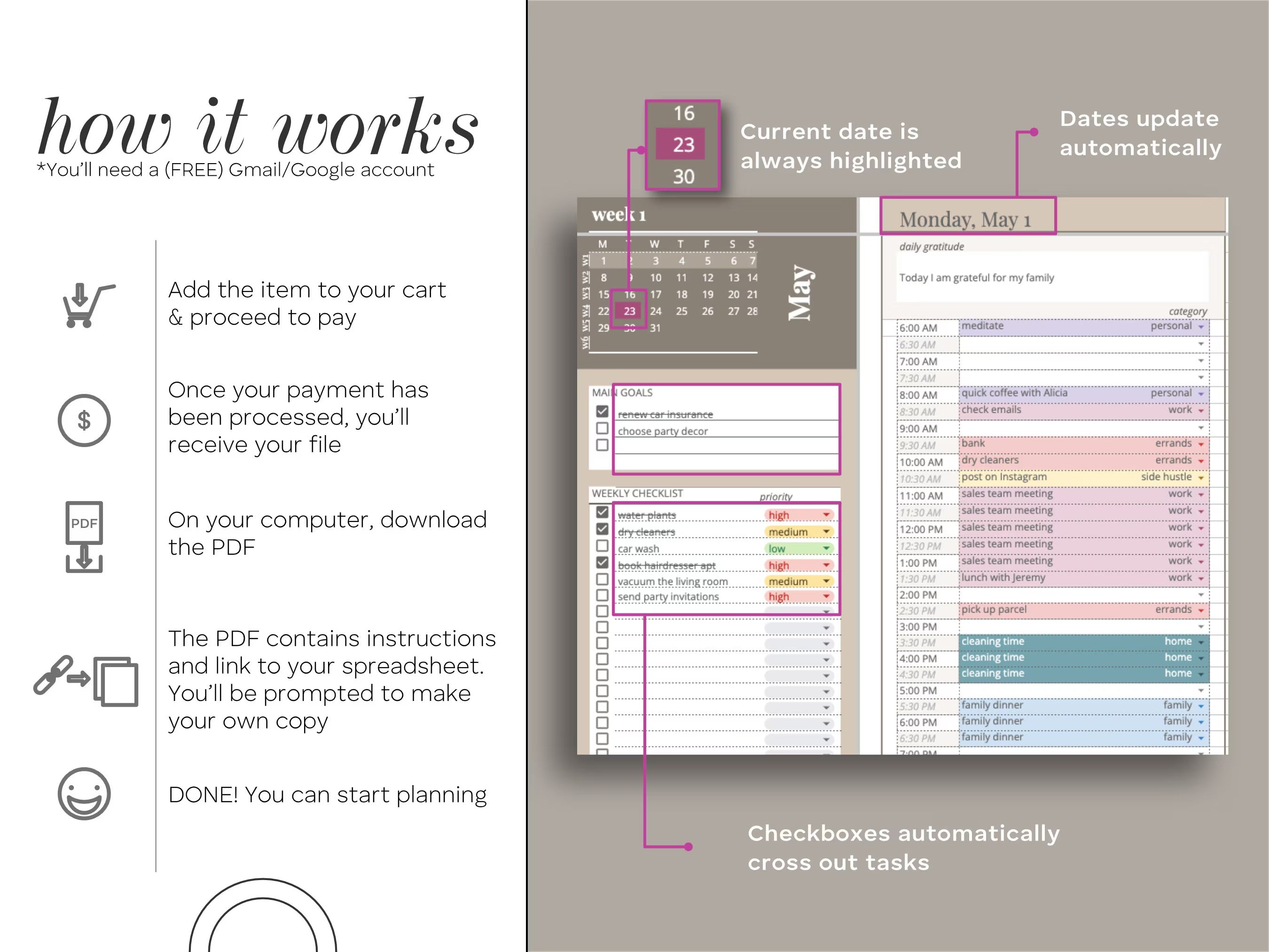 Digital Planner Spreadsheet for Google Sheets, To Do List, Monthly Calendar, Daily Schedule, Daily Routine Task Tracker